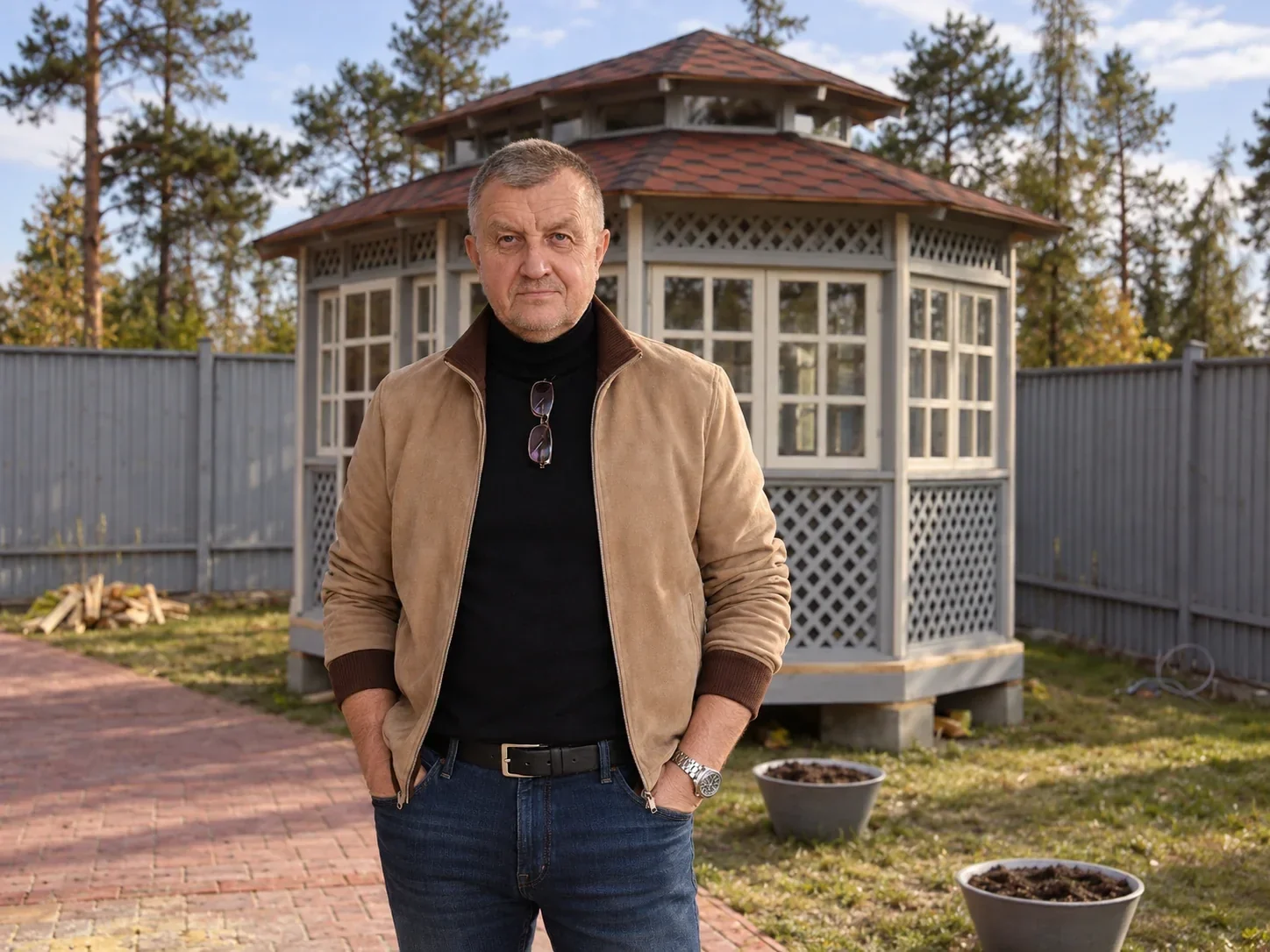 Александр рядом с деревянной беседкой — проект ДеревоАлекс